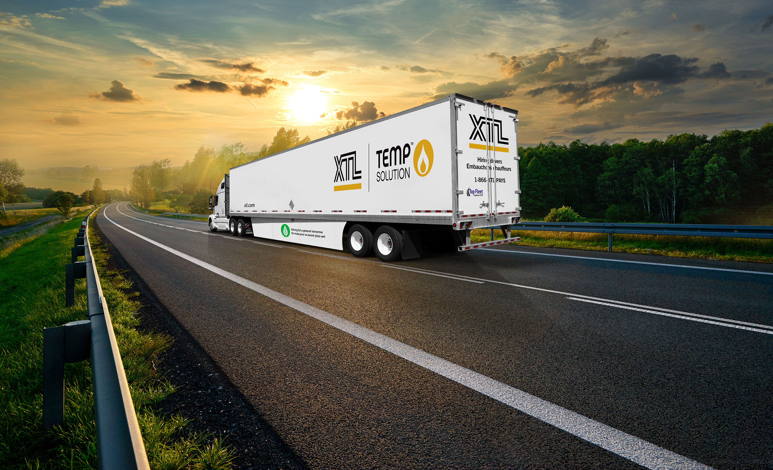 XTL transport truck hauling temp solution trailer on highway